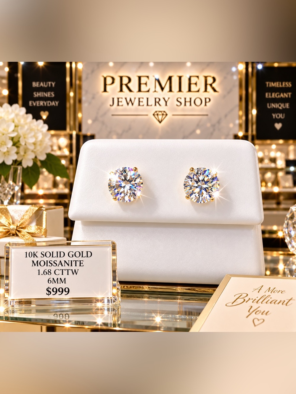 10K Solid Gold Moissanite Stud Earrings 1.68 CTTW Round Brilliant